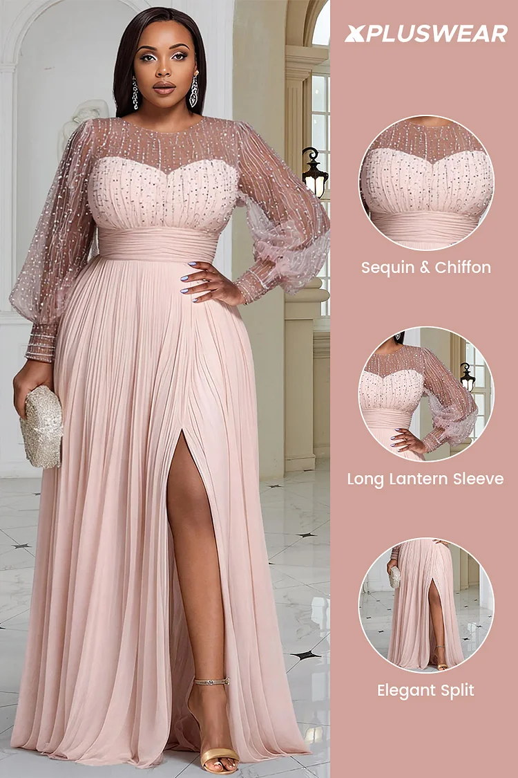 Xpluswear Design Plus Size Formal Champagne Round Neck Long Sleeve Split Elegant See Through Sequin Chiffon Maxi Dresses [Pre-Order]