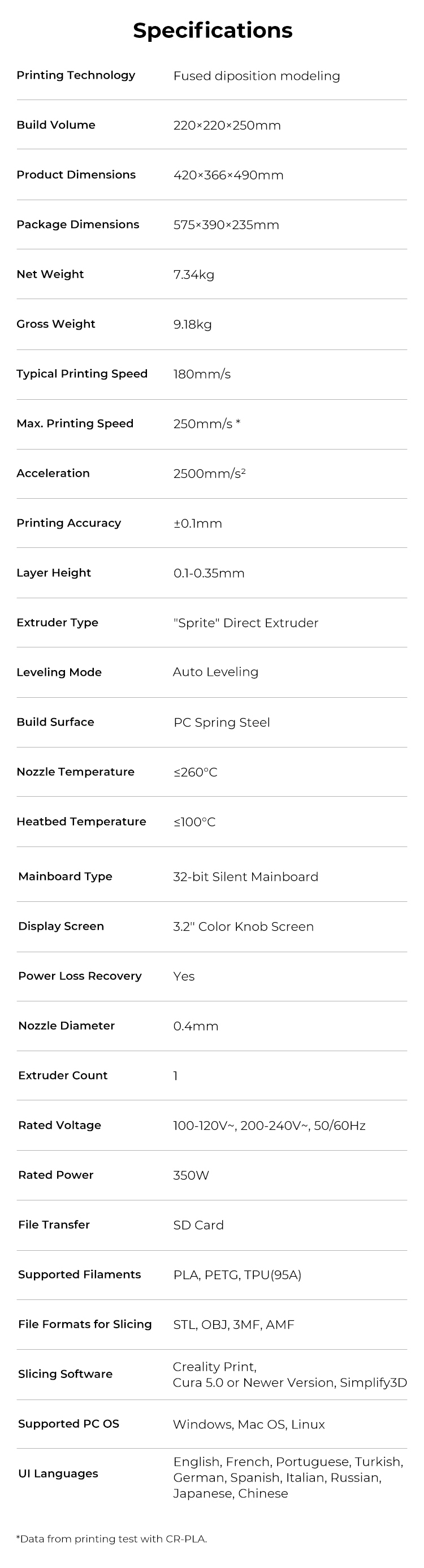 ender 3 v3 se specifications