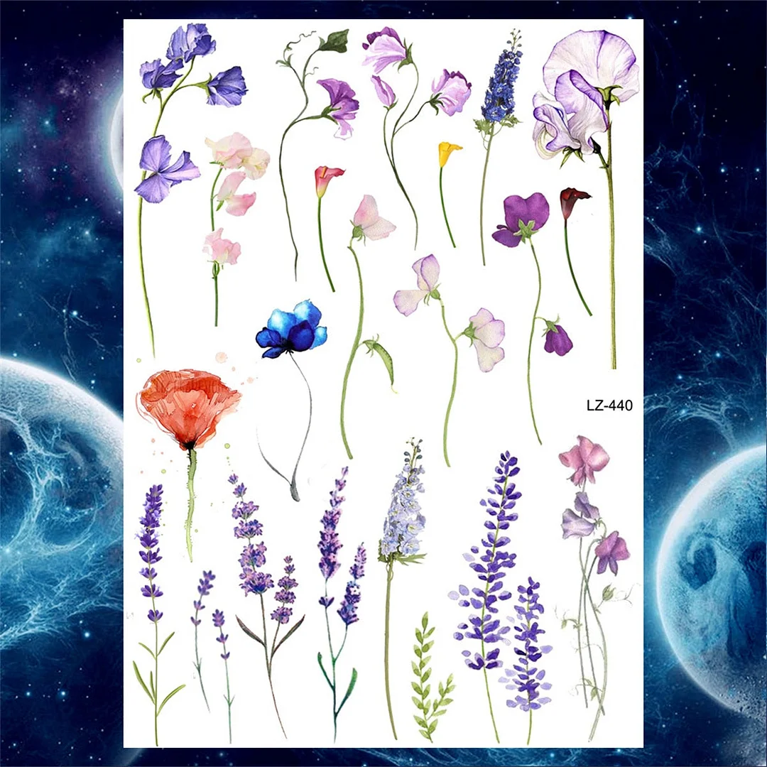 Flower Skull Temporary Tattoos For Women Men Adults Evil Skeleton Tattoo Sticker Fake Lavender Big Rose Black Tatoos Body Thigh