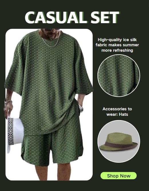 Casual Ice Silk Textued 3/4 Sleeve T-shirt & Shorts 2Pcs Set