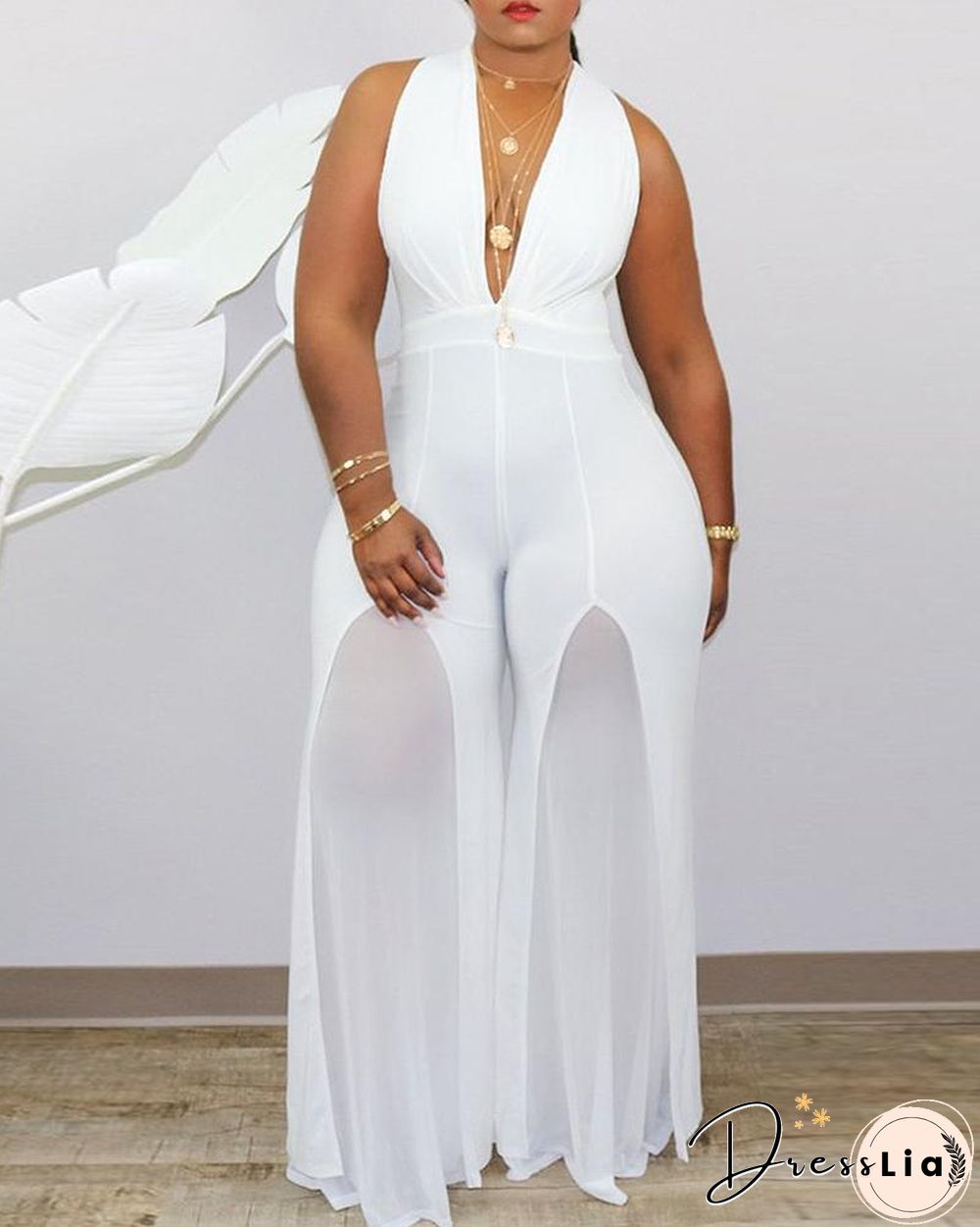 Plus Size Sleeveless Sheer Mesh Plunge Jumpsuit