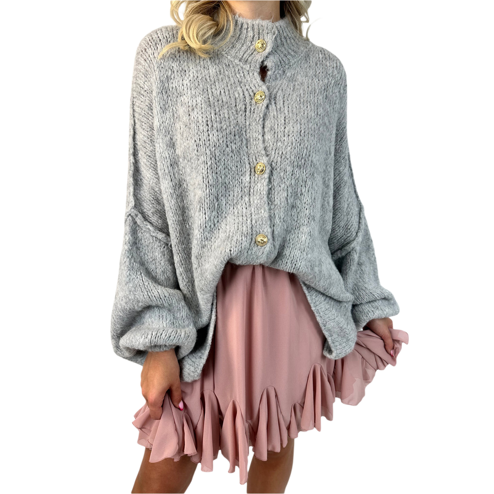 Women Knit Cardigan Autumn Casual Long Lantern Sleeve Stand Collar Button Down Loose Sweater Female Comfy Cozy Knitwear Outwear