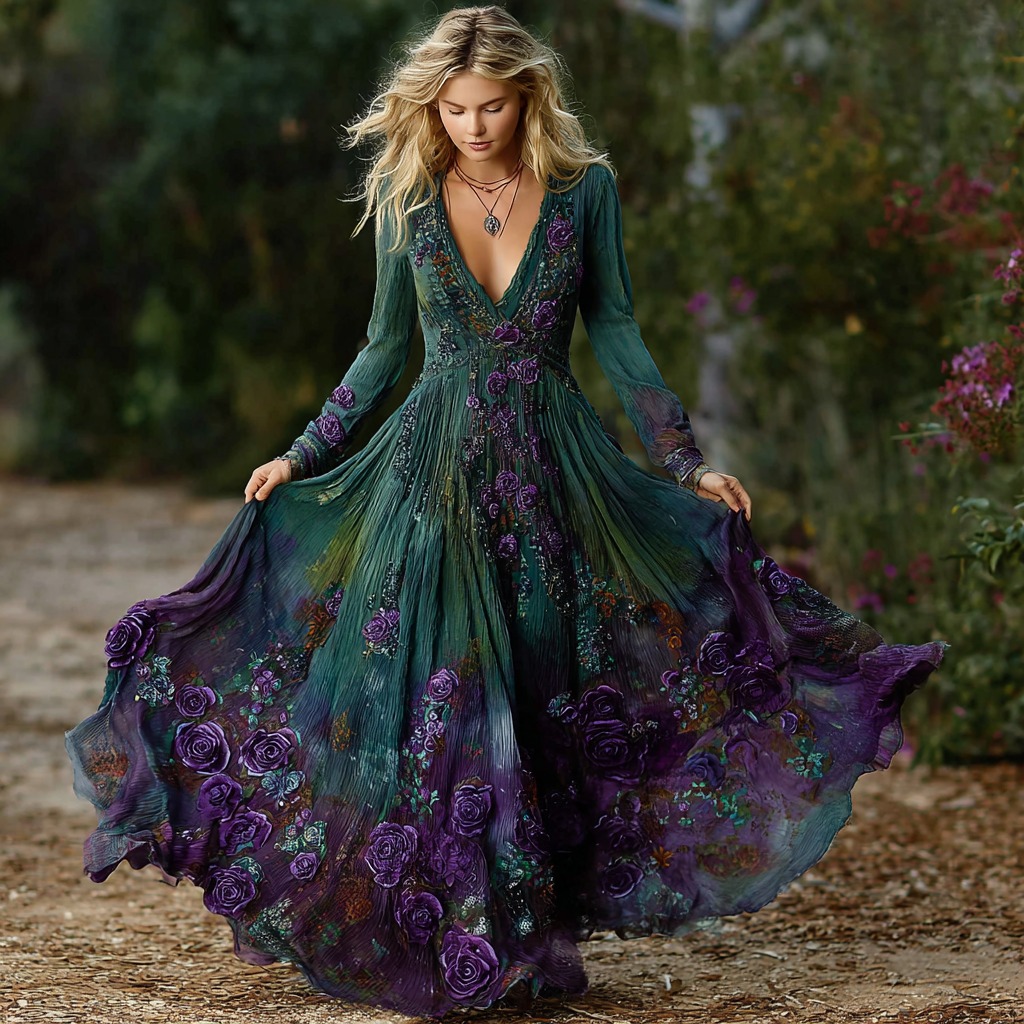 Women's Vintage Purple Rose Art Pattern Gradient Long Sleeve Dress