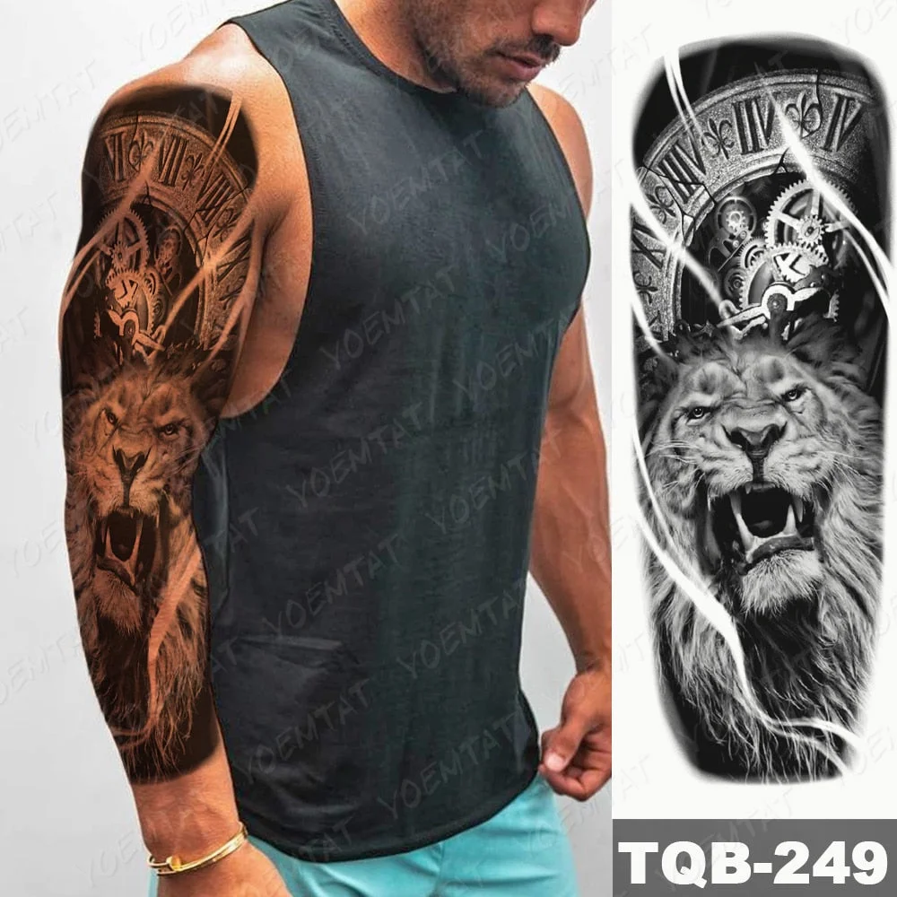 Large Arm Sleeve Tattoo Lion Cross Prayer Waterproof Temporary Tatto Sticker Tiger Beach Compass Body Art Full Fake Tatoo Men