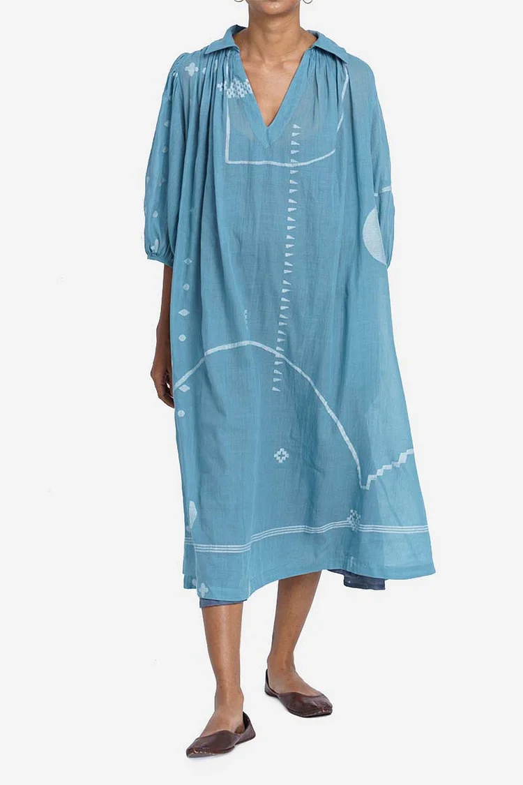 Linen Print Pleated V Neck Three Quarter Sleeve Casual Midi Dress