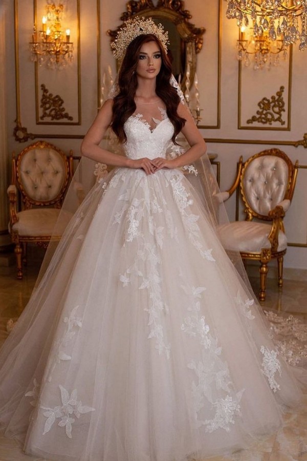 Ovlias Stunning A-Line Bateau Tulle Wedding Dress with Appliques Lace WD0080