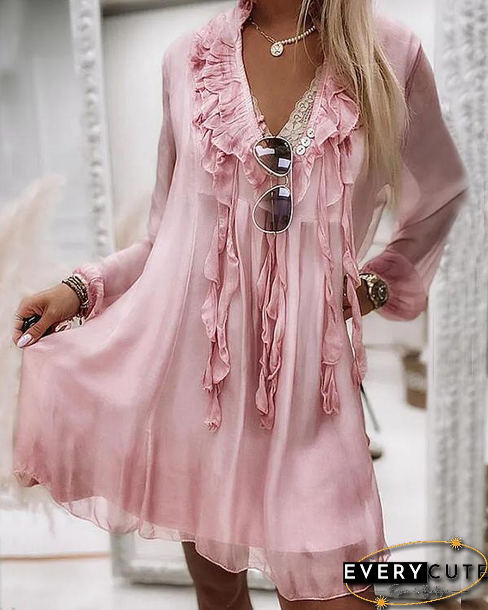 Ruffle Silk Tassel V Neck Chiffon Dress