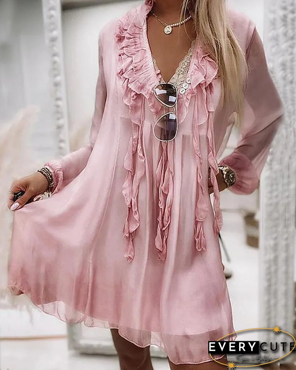 Ruffle Silk Tassel V Neck Chiffon Dress