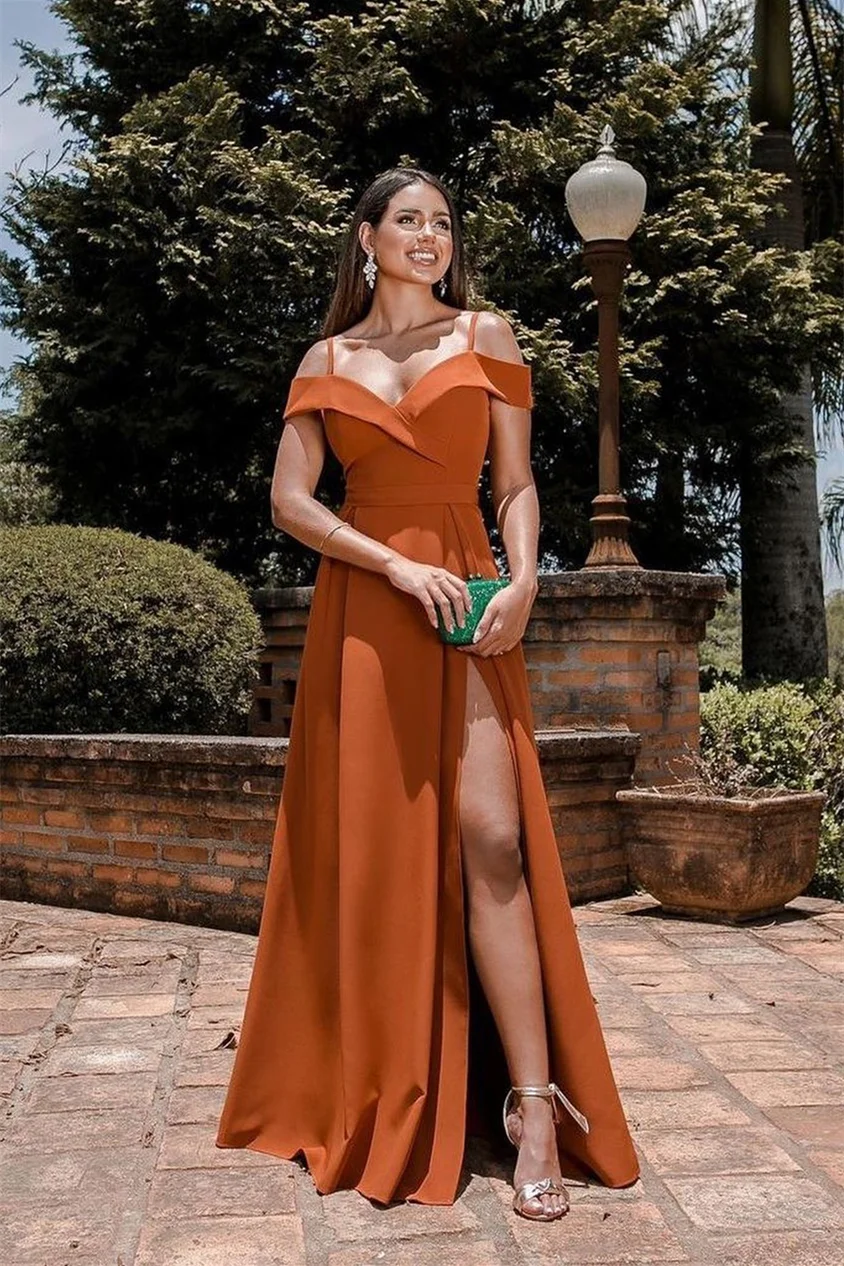 Off-The-Shoulder Burnt Orange Evening Dress Spaghetti-Straps Split Sweetheart Online | Ballbellas Ballbellas