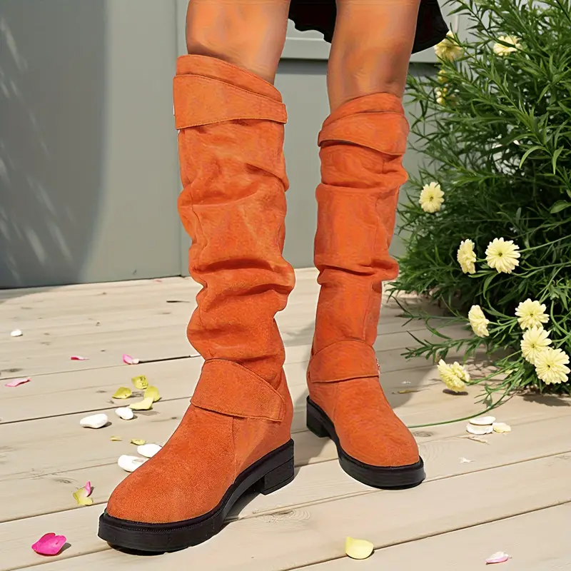 womens retro chunky heel calf boots with plush lining winter warm round toe pull on knee high boots in black blue soft synthetic cover cushioned insole versatile casual semi formal shoes for wear Product details 1