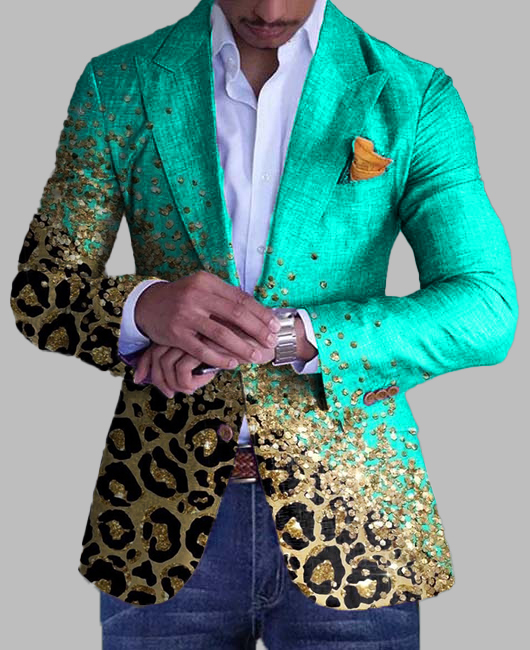 Party Leopard Print Glitter Peak Lapel Button Blazer