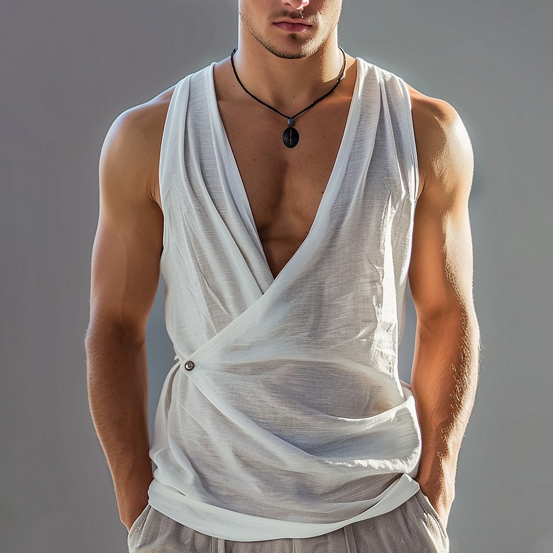 Men's Linen V-Neck Sleeveless Top-inspireuse