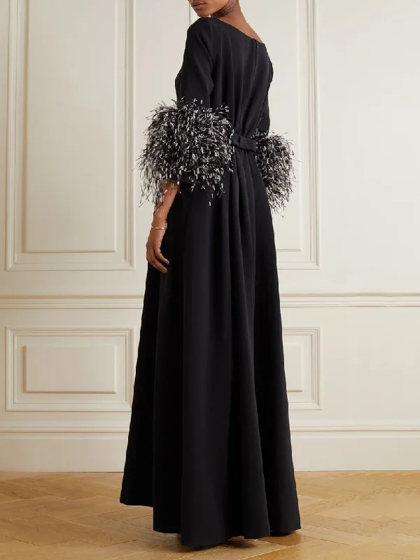 Elegant Black and White Feather Long Sleeve Party Dress: A Timeless ...