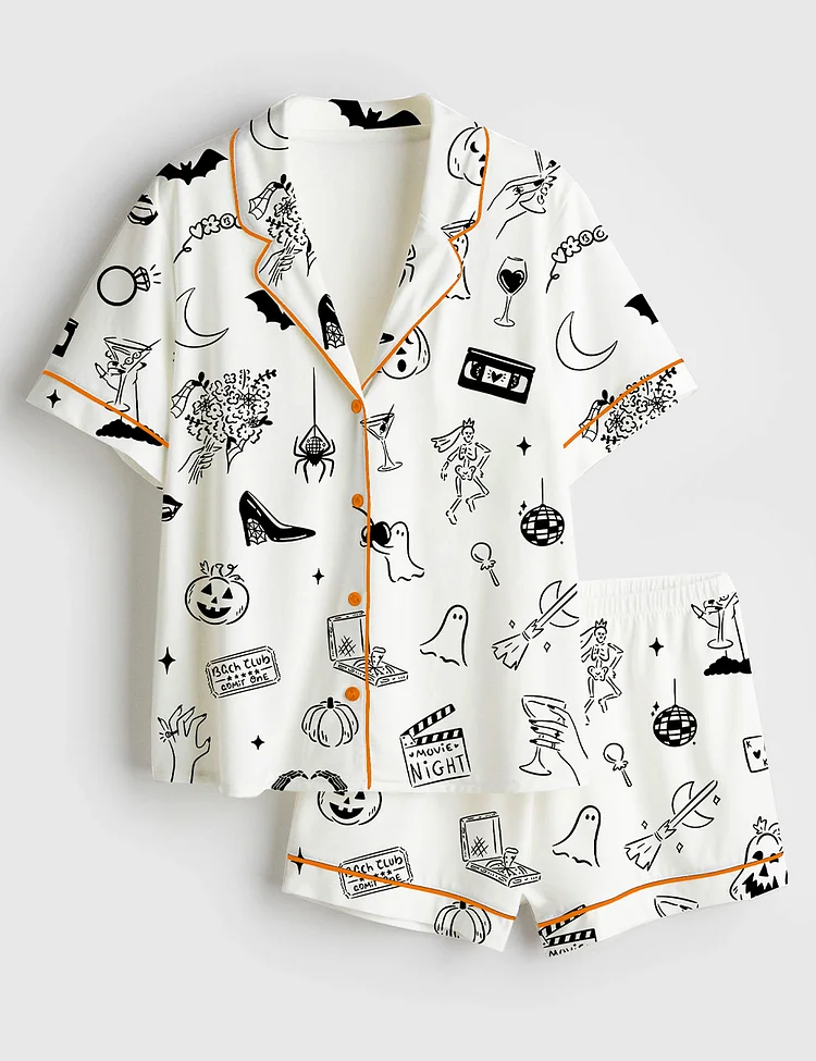 Women&rsquo;s Hand Drawn Halloween Bachelorette Whimsical Doodles Spooky Clipart for Halloween Movie Night & Witchy Bachelorette Party Invite Short Sleeve Satin Pajama Set