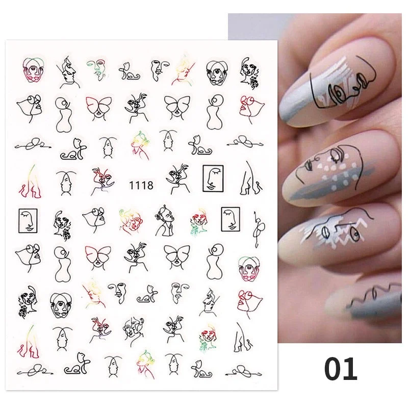1PC 3D Nail Sticker Stick Figure Woman Face Pattern Special Transfer Picture Flowers Sliders Sticker DIY Nail Art Decoration
