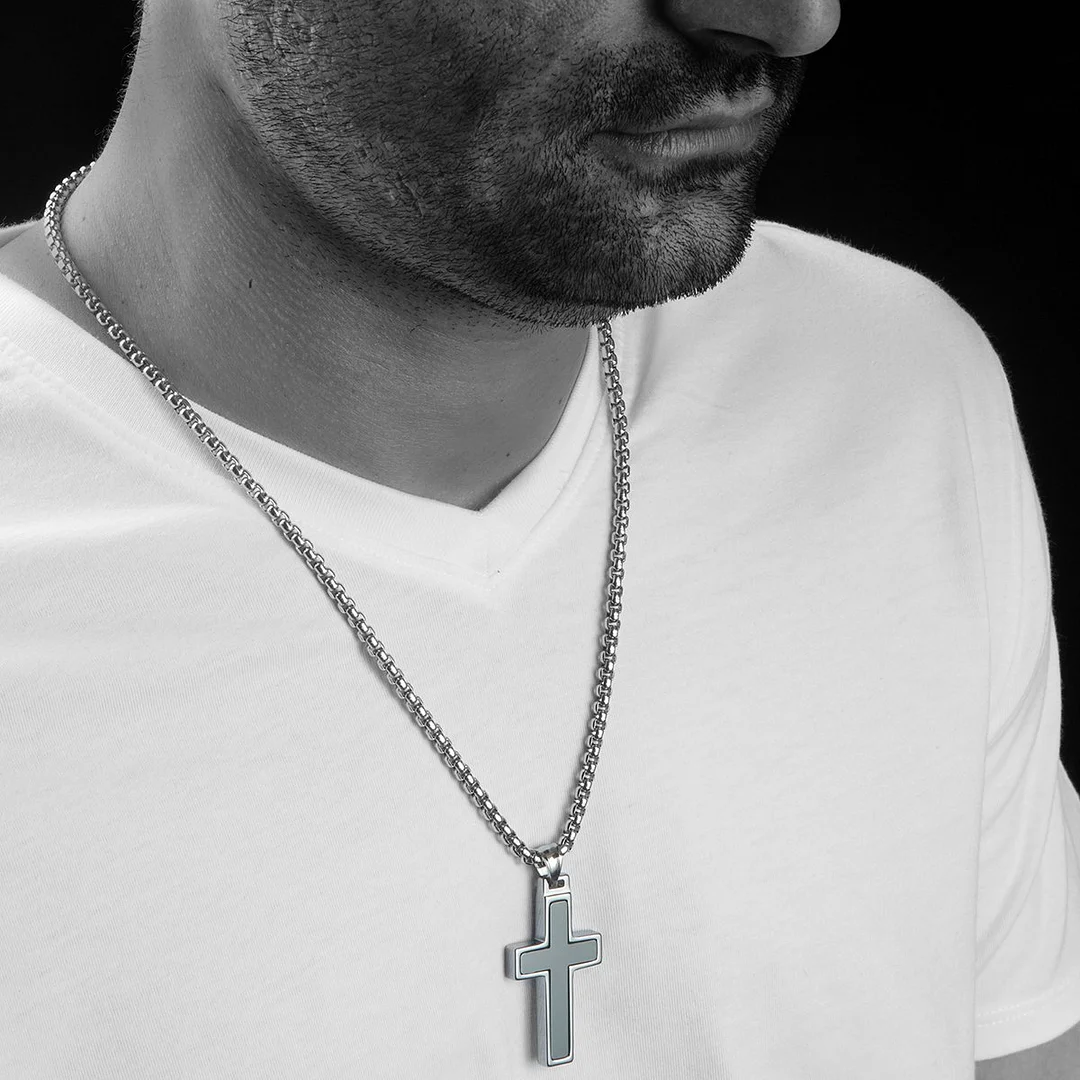 Women's Or Men's Unique Hematite Inlay Tungsten Cross Pendant Necklace Jewelry Gifts For Mens And Womens