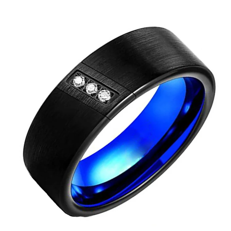 8MM Silver/Blue Flat Tungsten Carbide Wedding Bands with CZ Stone Inlay for Men Women Channel