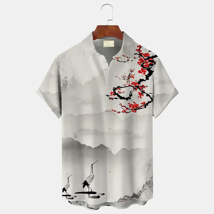 Vacation Hawaiian Retro Plum Blossom Pattern Printed ShortSleeved Shirt