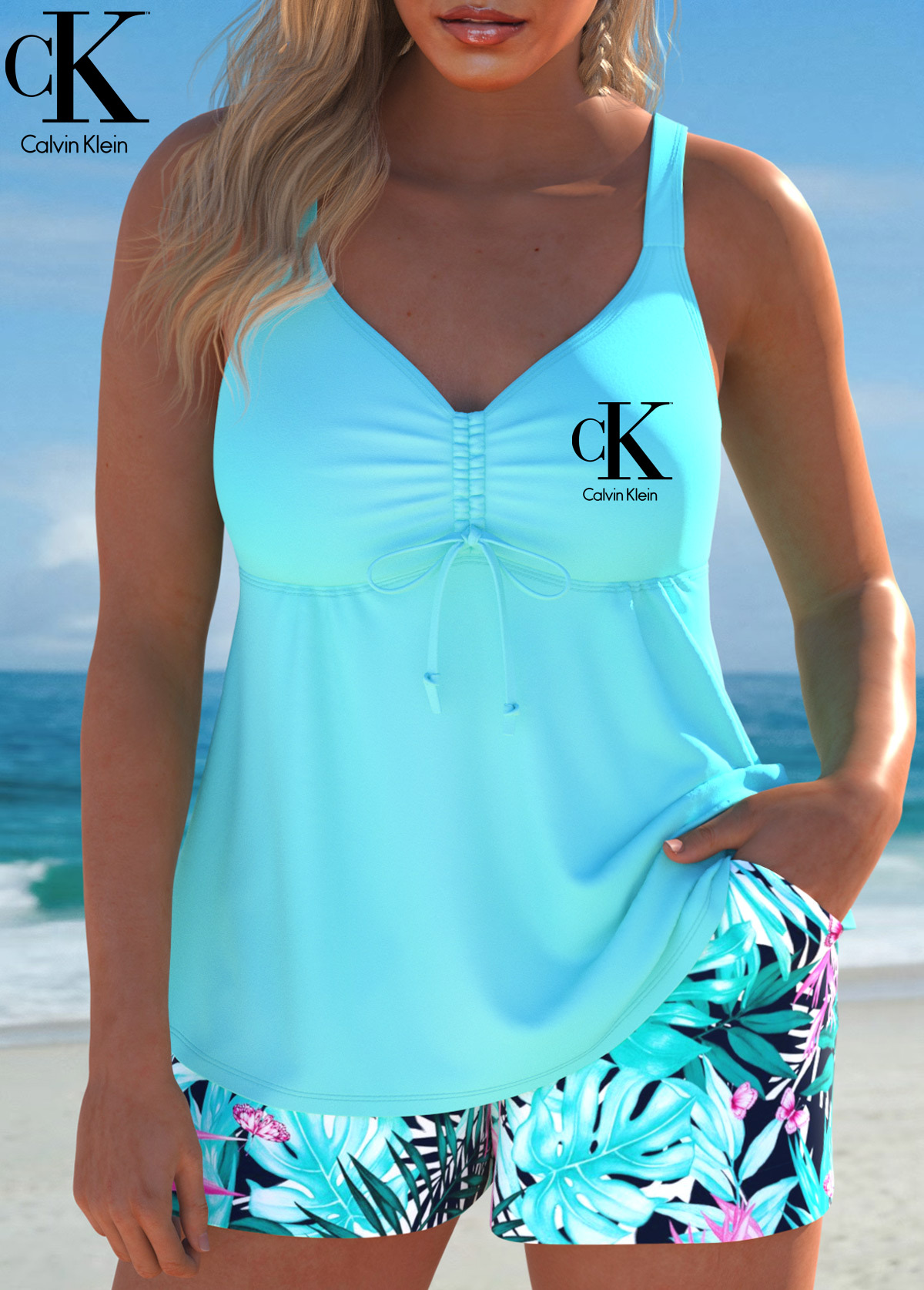 Conjunto de biquíni CK®Royal Blue Tropical Floral com cordão, fato de banho para mulher