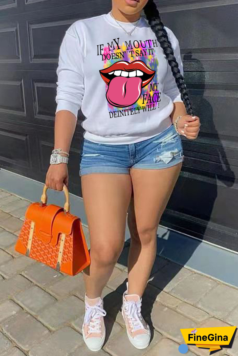 White Casual Street Lips Printed Patchwork O Neck Tops