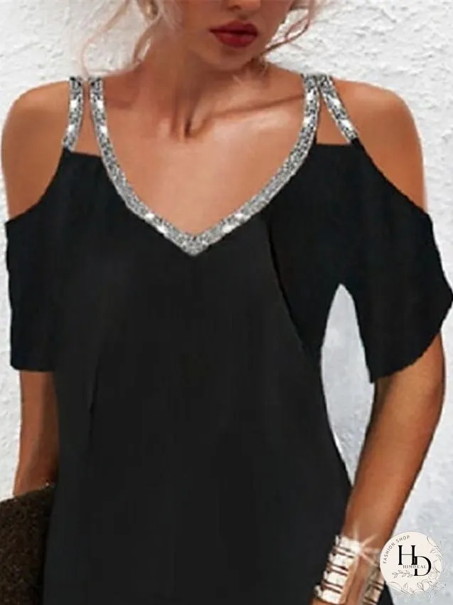 Casual Dress Shift Dress Black Dress Midi Dress Black Short Sleeve Color Block Cold Shoulder Spring Summer V Neck Casual S M L XL XXL 3XL for Women