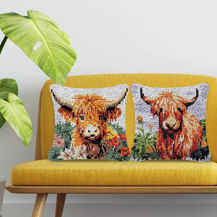 Animal Highland Cow Latch Hook Kits Pillow Printed Canvas Cushion Crochet  Yarn Needlework Hook Latch Kit DIY Embroidery Pillowcase Rug Cover Home  Sofa