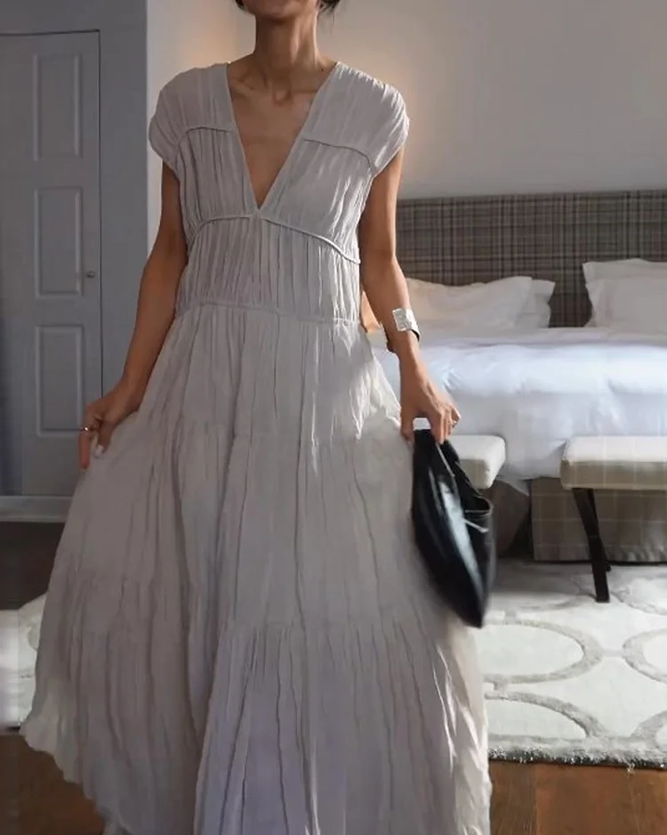 V-neck loose casual solid color dress