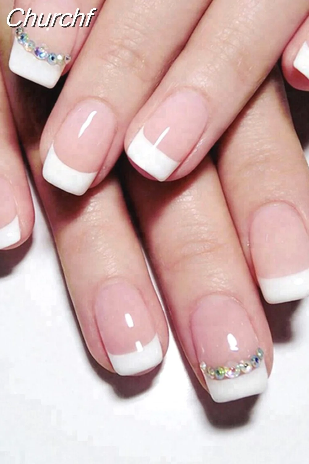 Churchf Drill False Nails Set Simple French Short Square Head Nails Manicure Fashion Full Cover Fake Nail Tips Press on Nails-Nail Inspo