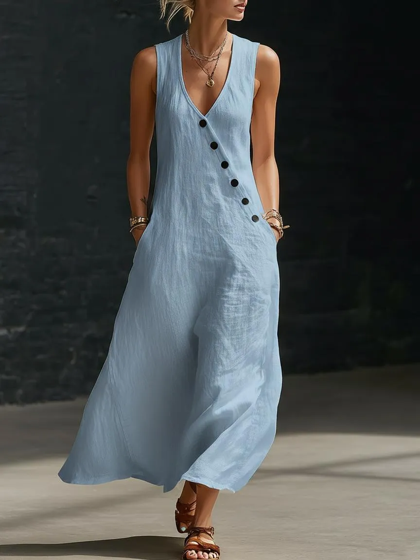 Boho Leinen Maxikleid - Perfekt für Strand, Urlaub & Brunch! Ärmelloses V-Ausschnitt-Kleid mit Knopfdetails und Taschen # ÄrmellosesKleid # Freizeitkleid # Sommerkleid # BohoMode # V-AusschnittKleid # KleiderFürFrauen # OutfitDesTages