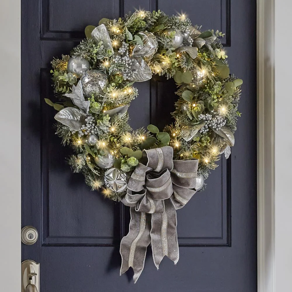 New Christmas LED bow silver wreath curtain wall hanging