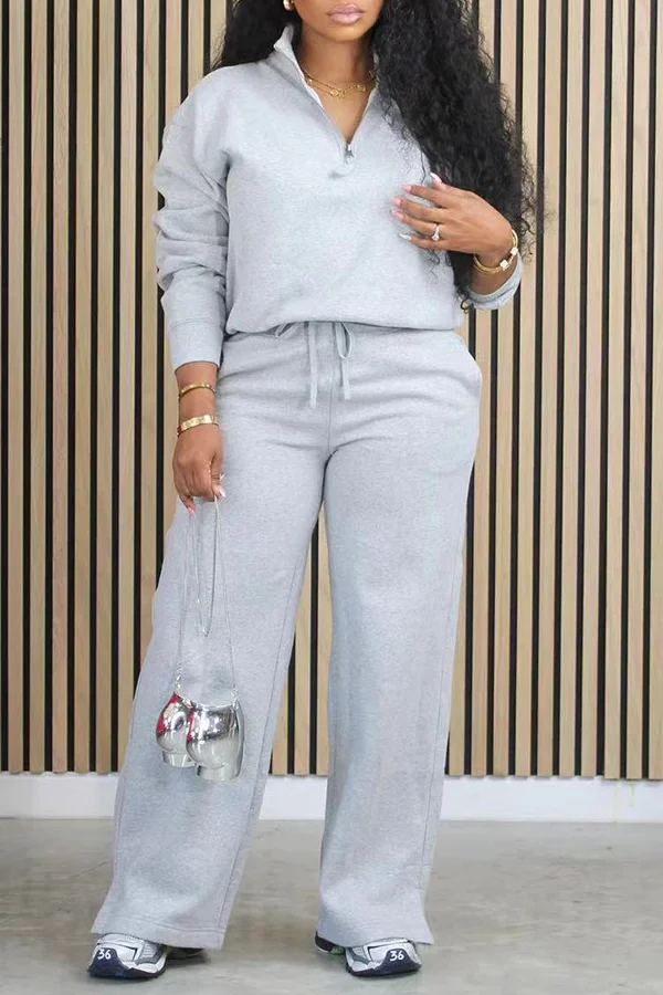 Top Zipper Half Turtleneck Trouser Leg Tie Solid Color Two-piece Set