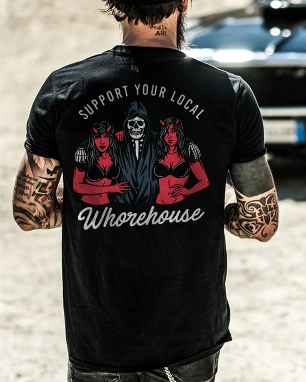 SUPPORT YOUR LOCAL WHOREHOUSE Skull with Sexy Ladies Print T-shirt