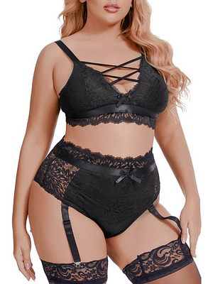 Plus Size Lingerie Set for Women Mesh Black Lace Bra High Waist Suspender 2 Pieces Underwear