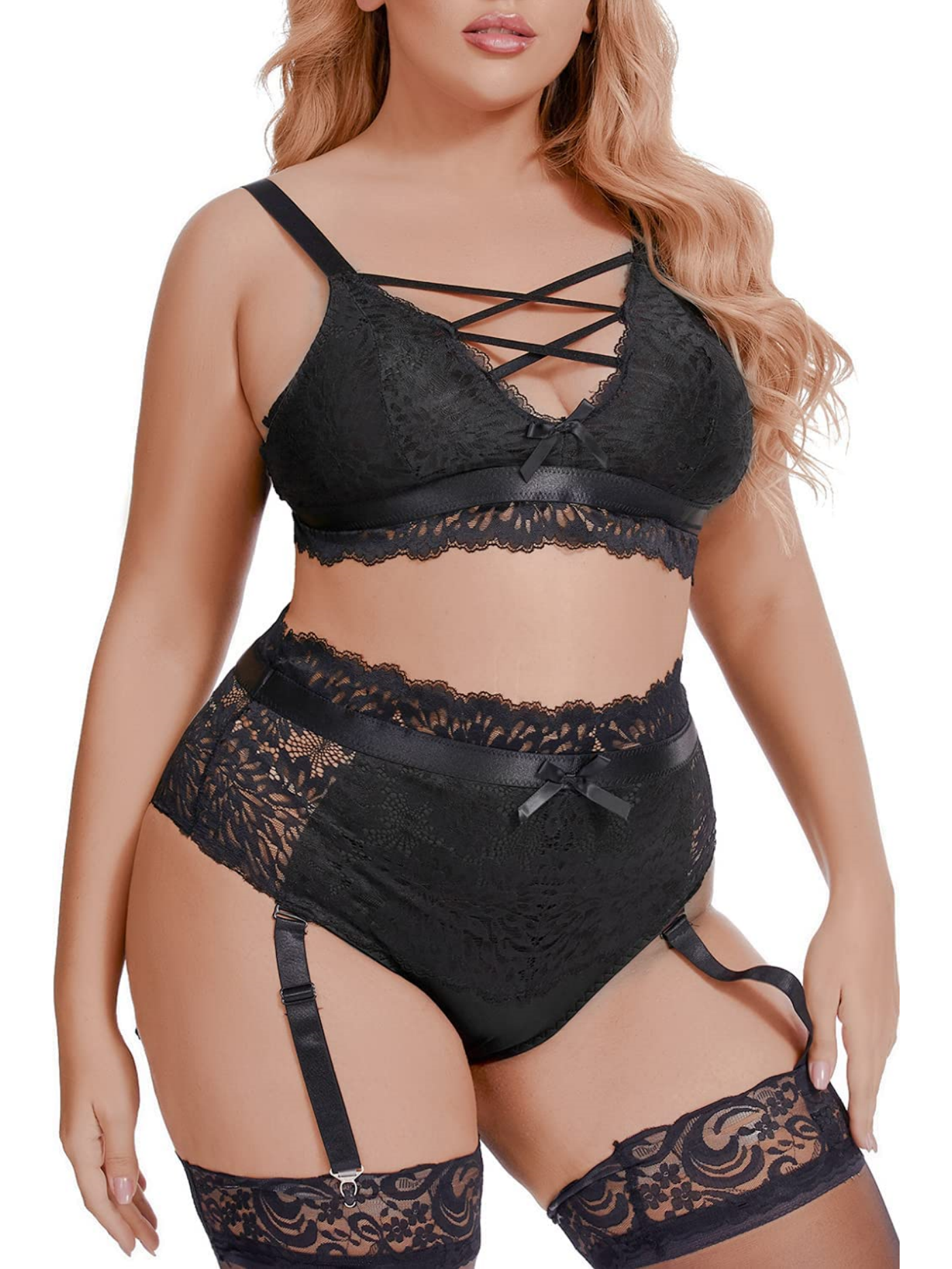 Plus Size Lingerie Set for Women Mesh Black Lace Bra High Waist Suspender 2 Pieces Underwear