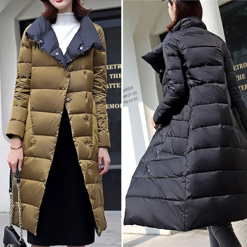 Ailegogo 2021 Duck Down Jacket Women Winter Long Thick Double Sided Plaid Coat Female Warm Down Parka For Women Slim Clothes