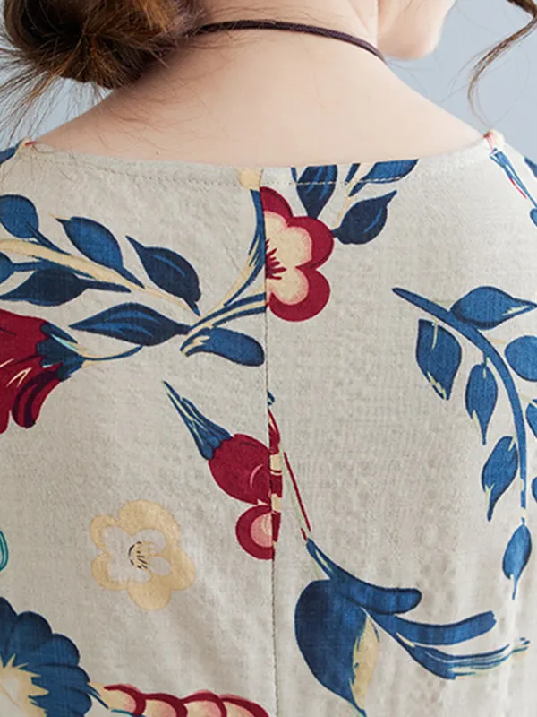 Long Sleeves Loose Elasticity Flower Print Round-Neck Maxi Dresses main image 1
