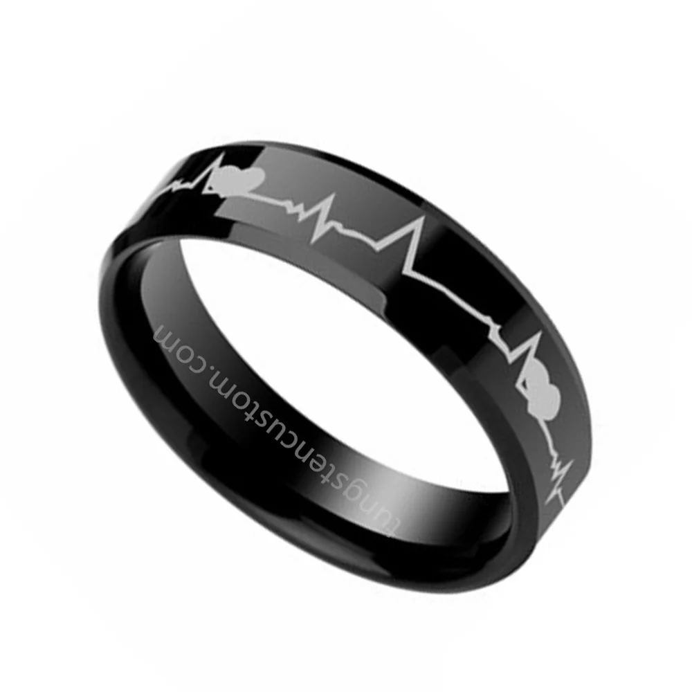6MM 8MM Black Tungsten Heartbeats Of Love Couple Wedding Bands