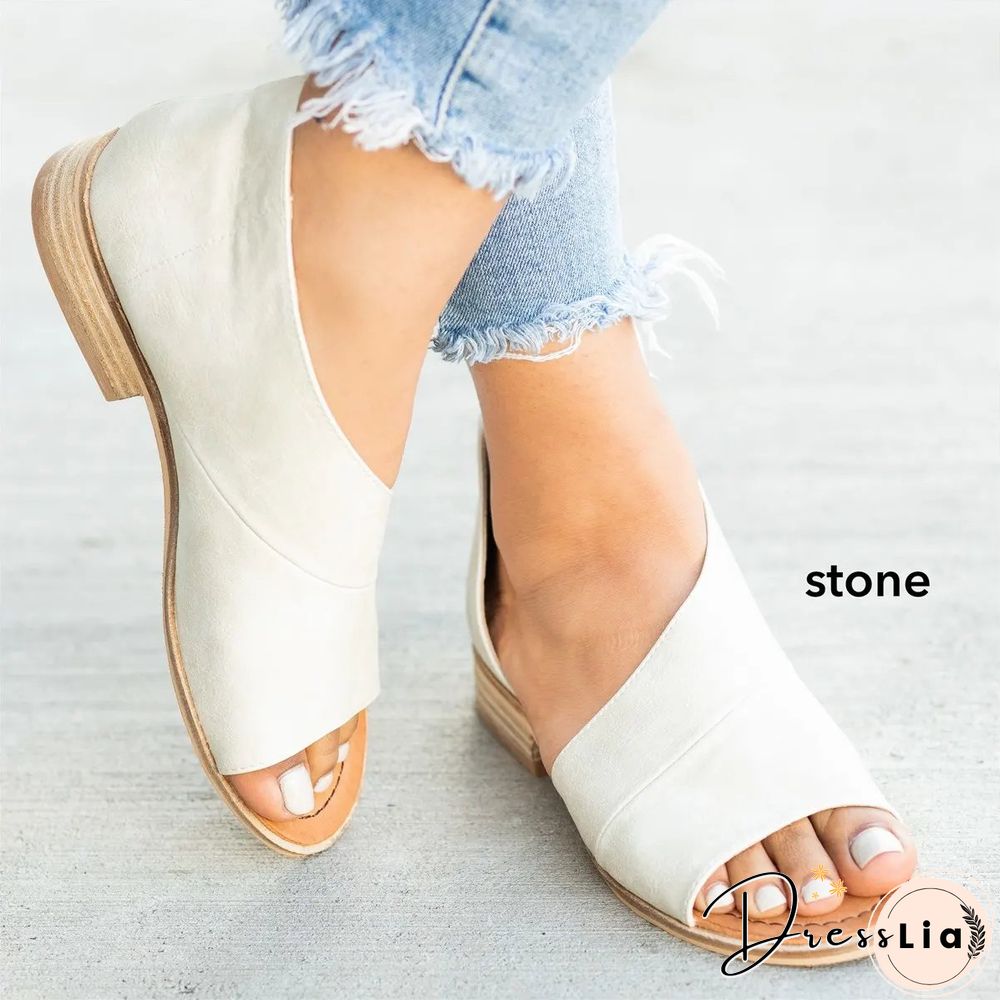 Women Peep Toe Side-cut Style Stacked Heel Flat Sandals