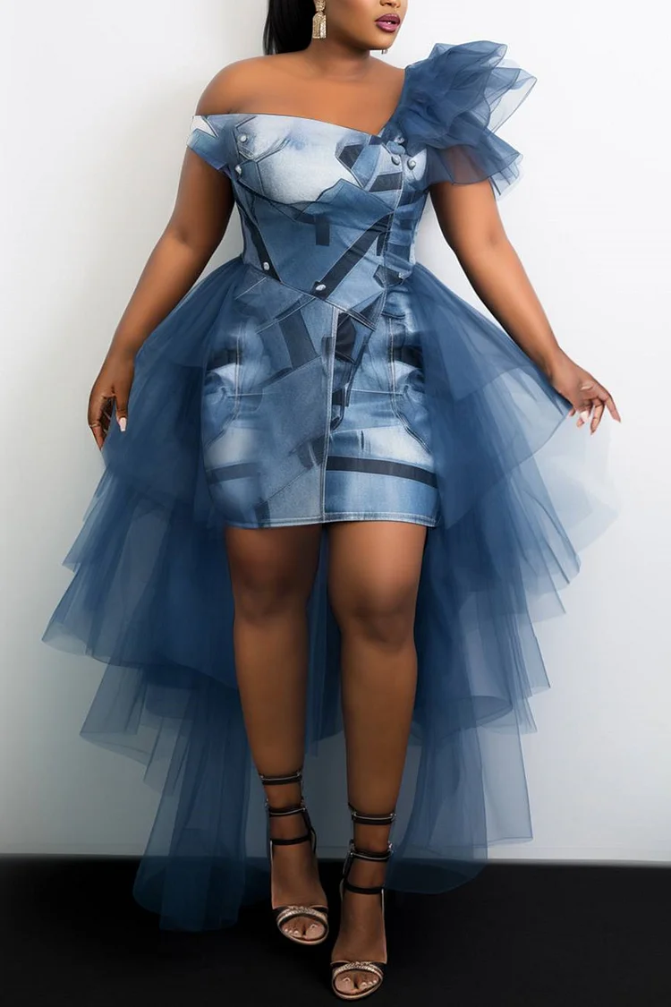 Xpluswear Design Plus Size Cocktail Party Blue Elegant Denim Print Asymmetrical Collar Flutter Sleeve With Skirt Overlay High Low Hem Tulle Mini Dresses [Pre-Order]