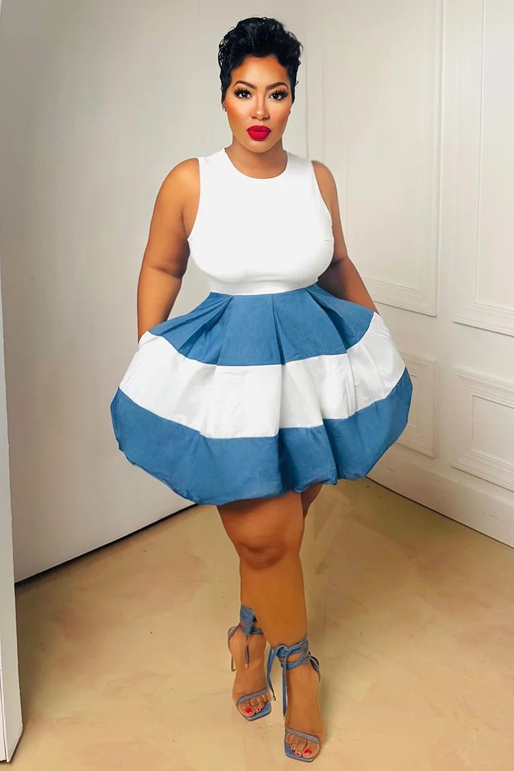 Crew Neck Sleeveless Cinched Patchwork Bubble Mini Dresses-White [Pre Order]