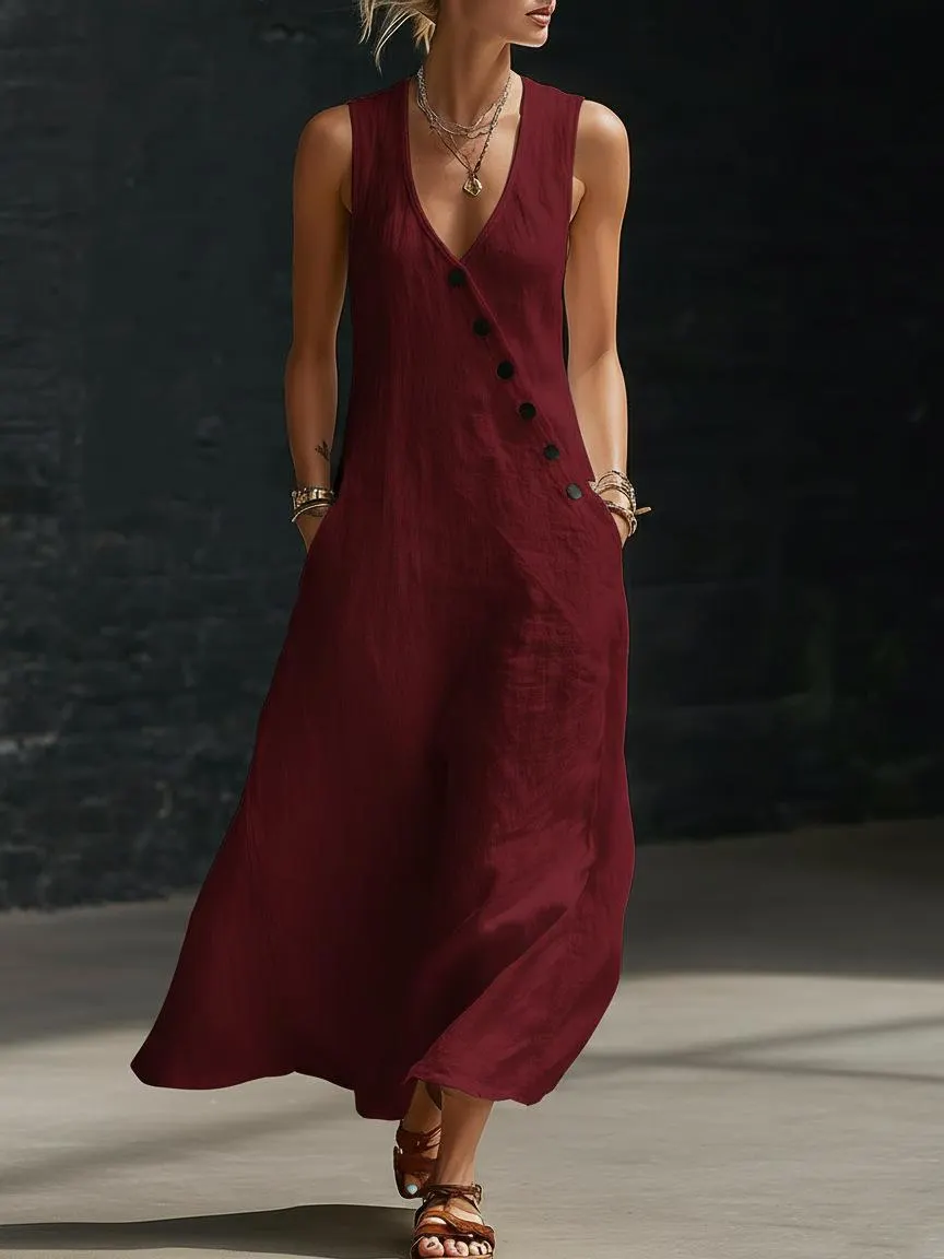 Boho Leinen Maxikleid - Perfekt für Strand, Urlaub & Brunch! Ärmelloses V-Ausschnitt-Kleid mit Knopfdetails und Taschen # ÄrmellosesKleid # Freizeitkleid # Sommerkleid # BohoMode # V-AusschnittKleid # KleiderFürFrauen # OutfitDesTages