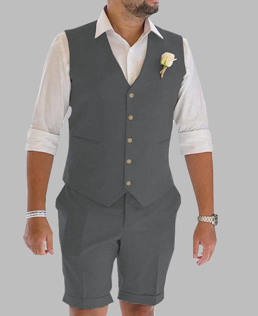 Wedding Flax V Neck Single Breasted Vest & Shorts 2Pcs Set