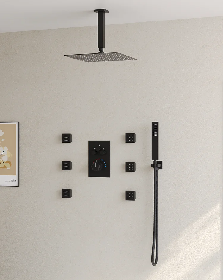 SFS1006-BK12 Thermostatic Rainfall Shower System | Ceiling Mounted with 6 Body Jets and Handheld Sprayer