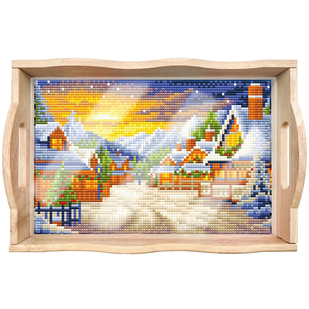 DIY Snow Town Diamond Painting Decorative Trays with Handle Coffee Table Tray for Serving Food