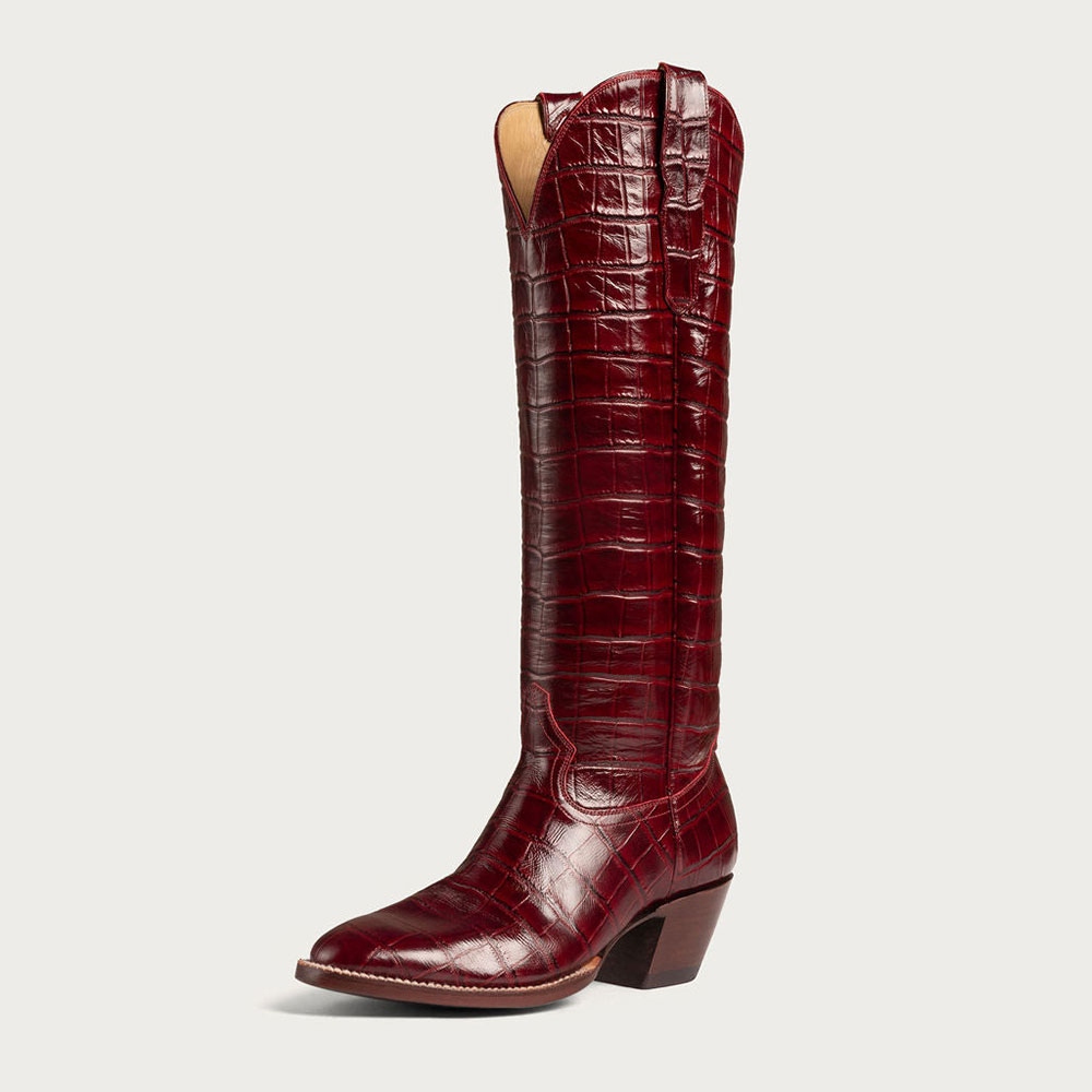 Crocodile Embossed Chunky Heel Knee-High Cowgirl Boots in Maroon Nicepairs