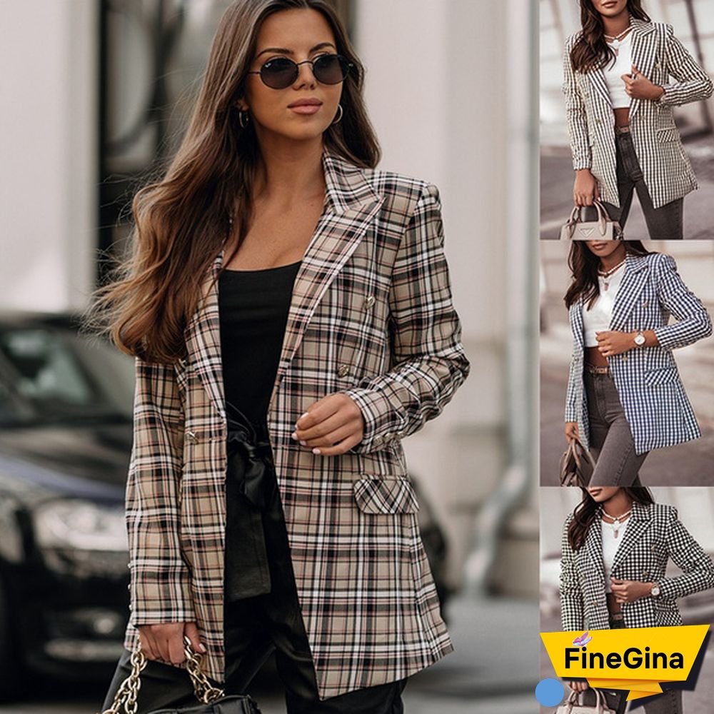 Autumn And Winter New Ladies Double-Breasted Plaid Long-Sleeved Printed Temperament Blazer