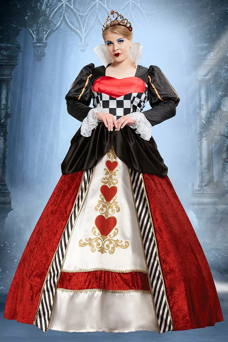 Xpluswear Design Plus Size Queen Of Hearts Halloween Costumes Checkered Print Lace Puff Sleeves Maxi Dress（Ships 24h）