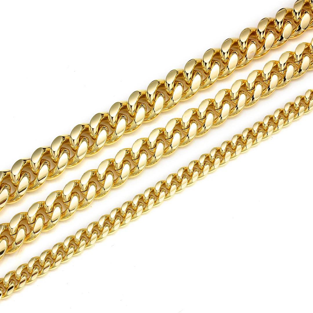 Gold Plated Mens Heavy Miami Cuban Link Chain Choker with Lab Diamond Clasp Titanium Stainless Steel Hip Hop Thick 6mm-14mm Necklace