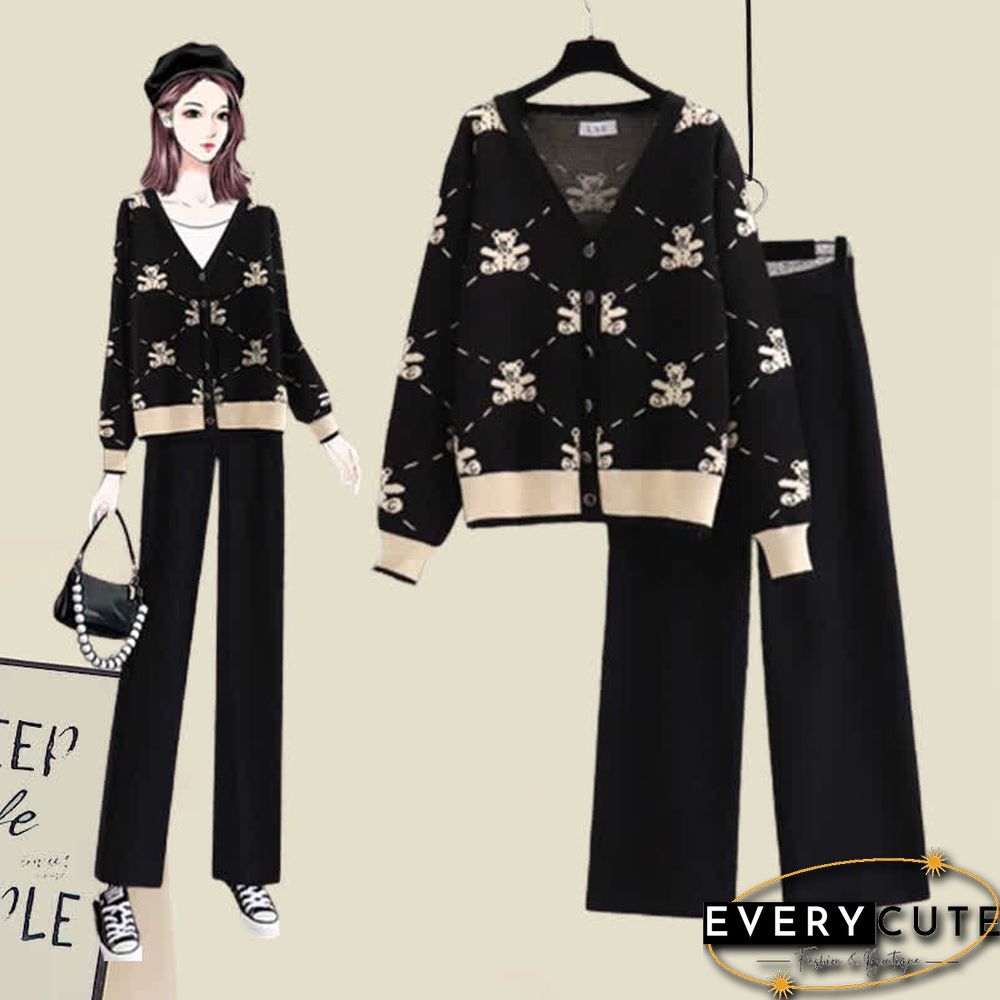 Plus Size Bear Print Cardigan Sweater Pants Two Pieces Set
