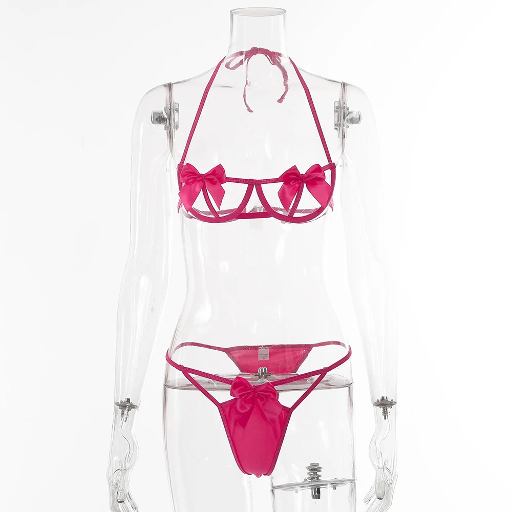 Billionm Women Lace Lingerie Red Bow Knot Transparent Bra and Panty Set Lenceria Para Mujer See Through Femme Ropa Interior 2021 Sexy